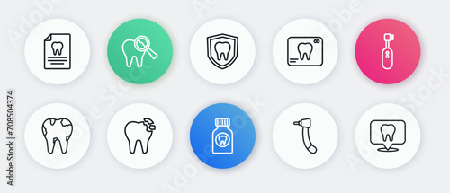Set line Toothache painkiller tablet, Electric toothbrush, Broken, drill, X-ray of, Dental protection, clinic location and icon. Vector