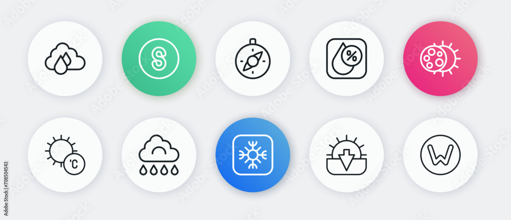 Set line Snowflake, Eclipse of the sun, Sun, Sunset, Water drop percentage, Compass, north and Cloud with rain icon. Vector Set line Snowflake, Eclipse of the sun, Sun, Sunset, Water drop percentage, Compass, north and Cloud with rain icon. Vector