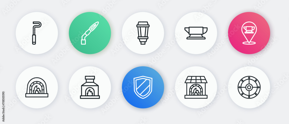 Set line Shield, Blacksmith anvil tool, oven, Garden light lamp, Round shield and icon. Vector Set line Shield, Blacksmith anvil tool, oven, Garden light lamp, Round shield and icon. Vector