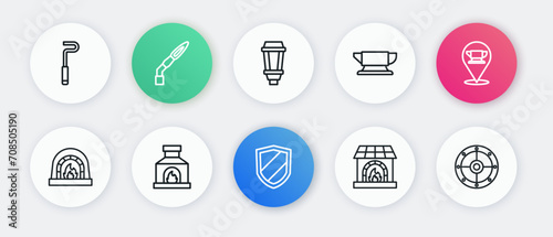 Set line Shield, Blacksmith anvil tool, oven, Garden light lamp, Round shield and icon. Vector