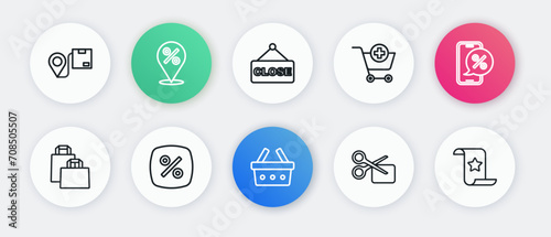Set line Shopping basket, Paper shopping bag, Scissors cuts coupon, Add to cart, Hanging sign with text Closed, check and financial check and Discount percent tag icon. Vector