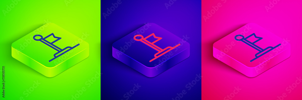 Isometric line Flag icon isolated on green, blue and pink background. Victory, winning and conquer adversity concept. Square button. Vector Isometric line Flag icon isolated on green, blue and pink background. Victory, winning and conquer adversity concept. Square button. Vector