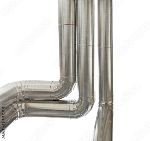 фотографія Metal pipes isolated on a white background, distribution duct pipelines, banner with copy space, heating and cooling plant air ventilation ductwork