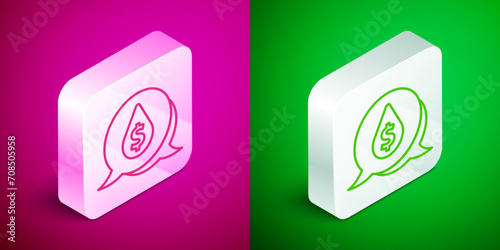 Isometric line Oil drop with dollar symbol icon isolated on pink and green background. Oil price. Oil and petroleum industry. Silver square button. Vector