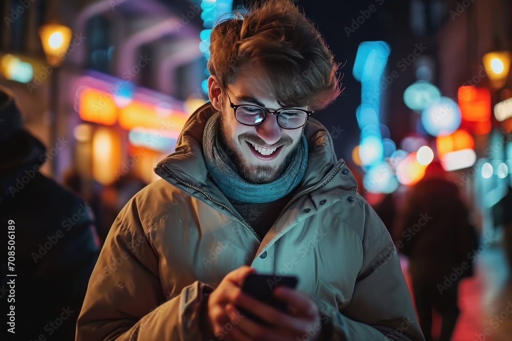 A handsome young man texting and using on his mobile at night. Ai generative