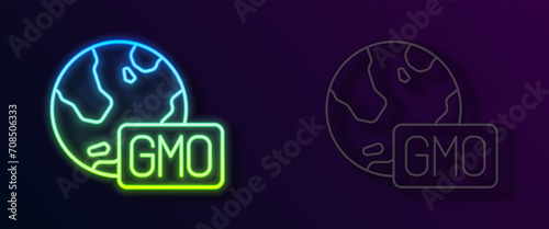 Glowing neon line GMO icon isolated on black background. Genetically modified organism acronym. Dna food modification. Vector