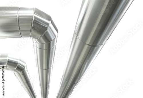 Metal pipes isolated on a white background, distribution duct pipelines, banner with copy space, heating and cooling plant air ventilation ductwork. HVAC system