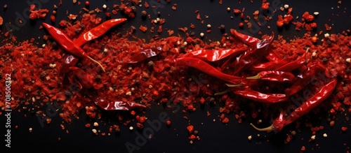 Red pepper flakes, crushed and seen from above.