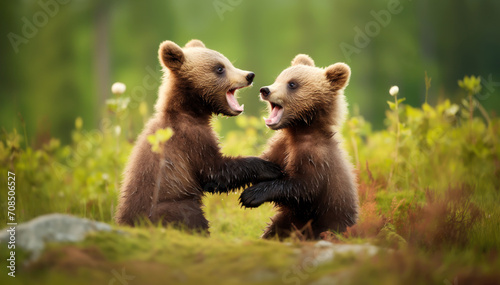 Close-up of cute brown bear cubs playing in the forest