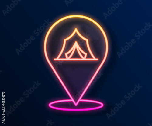 Glowing neon line Circus tent icon isolated on black background. Carnival camping tent. Amusement park. Vector