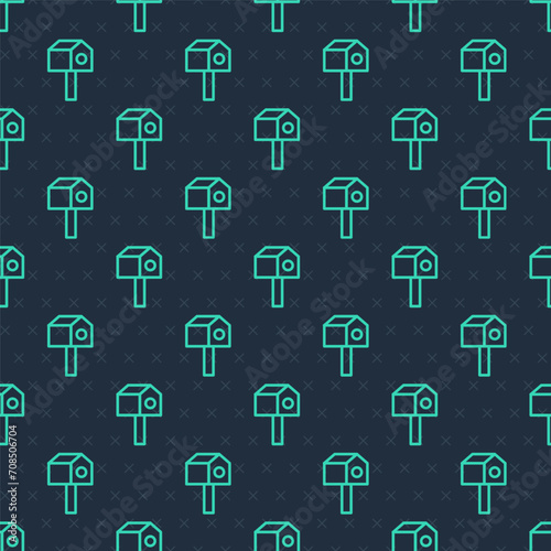 Green line Bird house icon isolated seamless pattern on blue background. Nesting box birdhouse, homemade building for birds. Vector