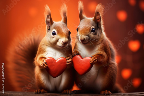Two cute red squirrels holding a red heart © giedriius