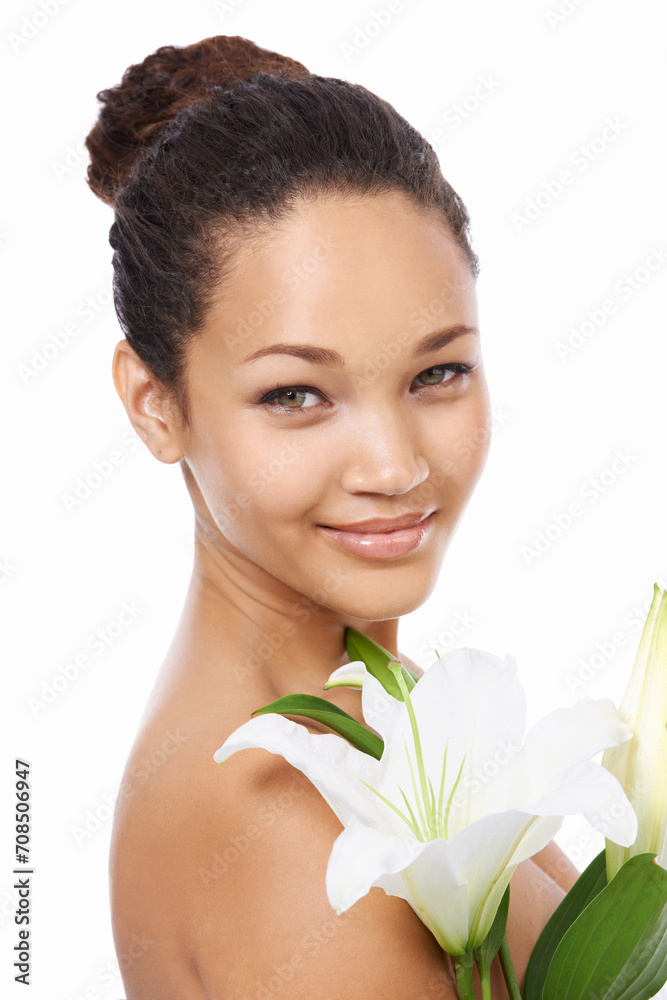 Woman, portrait and flower skincare in studio, smiling and happy with facial treatment by white background. Female person, face and wellness or cosmetics and dermatology, beauty and luxury or organic Woman, portrait and flower skincare in studio, smiling and happy with facial treatment by white background. Female person, face and wellness or cosmetics and dermatology, beauty and luxury or organic