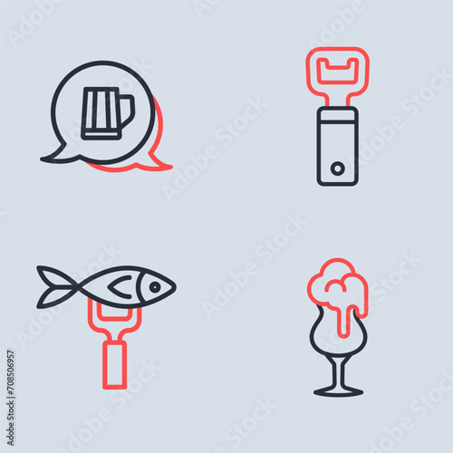 Set line Bottle opener, Dried fish, Glass of beer and Wooden mug icon. Vector