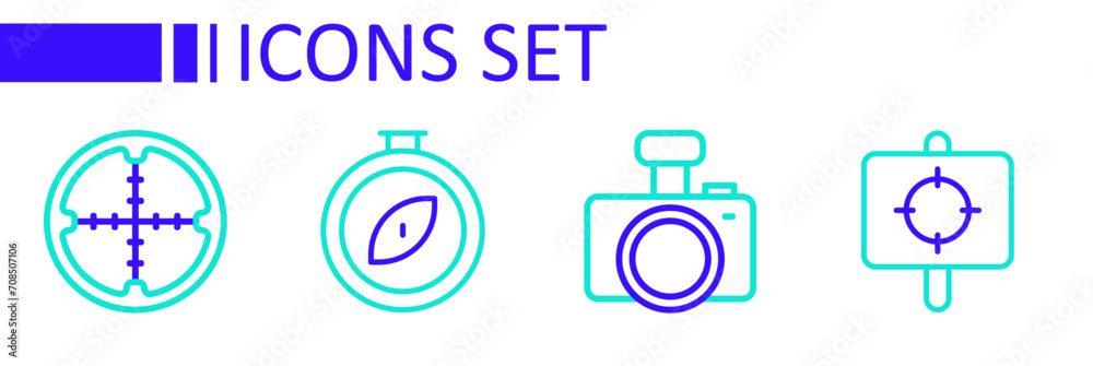 Set line Target sport, Photo camera, Compass and Sniper optical sight icon. Vector Set line Target sport, Photo camera, Compass and Sniper optical sight icon. Vector