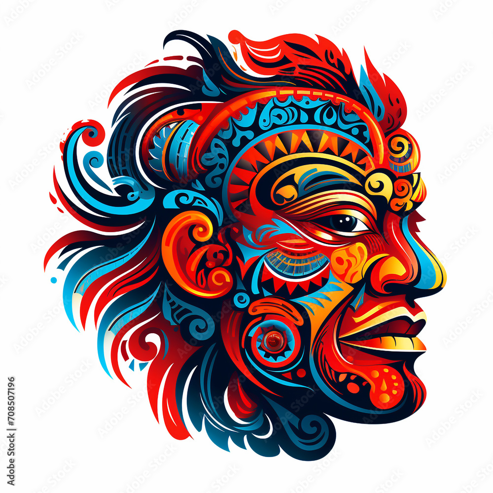 Tribal faces decorated with unique, bright colors. Exotic tribal masks. Traditional tribal masks with decorative ornaments Peel off tattoos and colorful jewelry.white background.