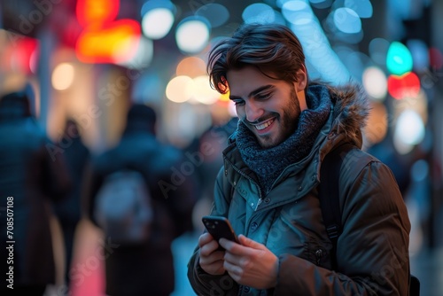 A handsome young man texting and using on his mobile at night. Ai generative