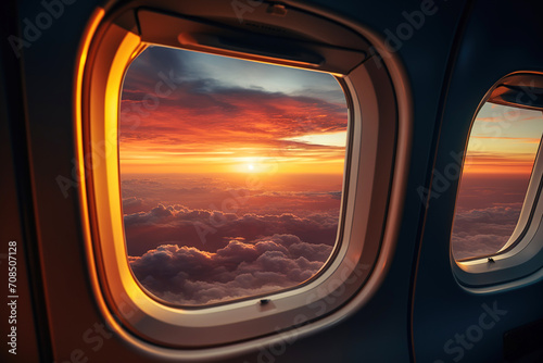 View from the window of an airplane flying in the rays of the sun, beautifully setting into pink-orange clouds from the inside