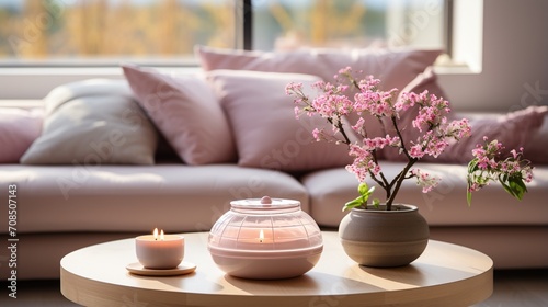 Elegant living room interior with pink flowers photo
