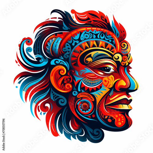 Tribal faces decorated with unique  bright colors. Exotic tribal masks. Traditional tribal masks with decorative ornaments Peel off tattoos and colorful jewelry.white background.