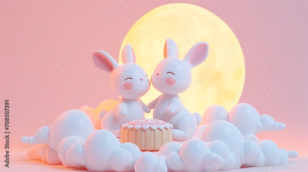 Whimsical illustration of two adorable rabbits sharing a mooncake under a full moon, set in a dreamy, pastel pink world. Whimsical illustration of two adorable rabbits sharing a mooncake under a full moon, set in a dreamy, pastel pink world.