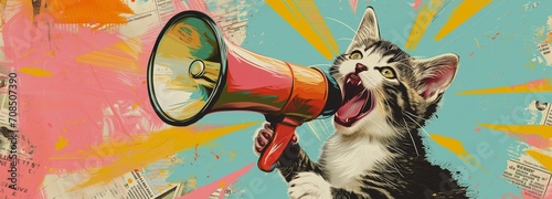 Playful graphic art of a cat shouting into a megaphone, styled with vintage textures and bold pop-art colors. Stylish modern loudspeaker announcing crazy promotions. photo