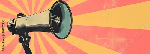 Retro-inspired megaphone illustration with radial sunbeam pattern in yellow and coral, evoking vintage communication and design. Advertising poster design with space for text.