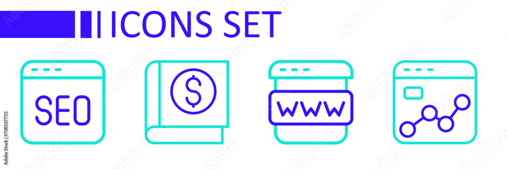 Set line Market analysis, Browser window, Financial book and SEO optimization icon. Vector Set line Market analysis, Browser window, Financial book and SEO optimization icon. Vector