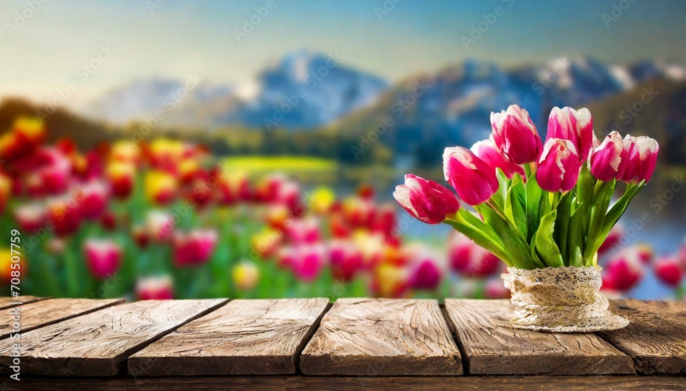 tulips in the garden, empty wooden table background a bouquet of tulips ...