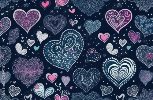 Wallpaper Mural Hand drawn hearts and love signs romantic seamless pattern. Isolated drawn monochrome repeating patterns on a dark background. Cute doodle heart style seamless pattern on dark background Torontodigital.ca