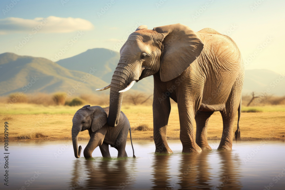 Closeup portrait elephant and child elephant in water on blue sky background looking down