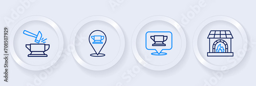 Set line Blacksmith oven, anvil tool, and Anvil and hammer icon. Vector