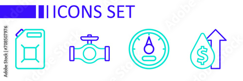 Set line Oil price increase, Motor gas gauge, pipe with valve and Canister for gasoline icon. Vector