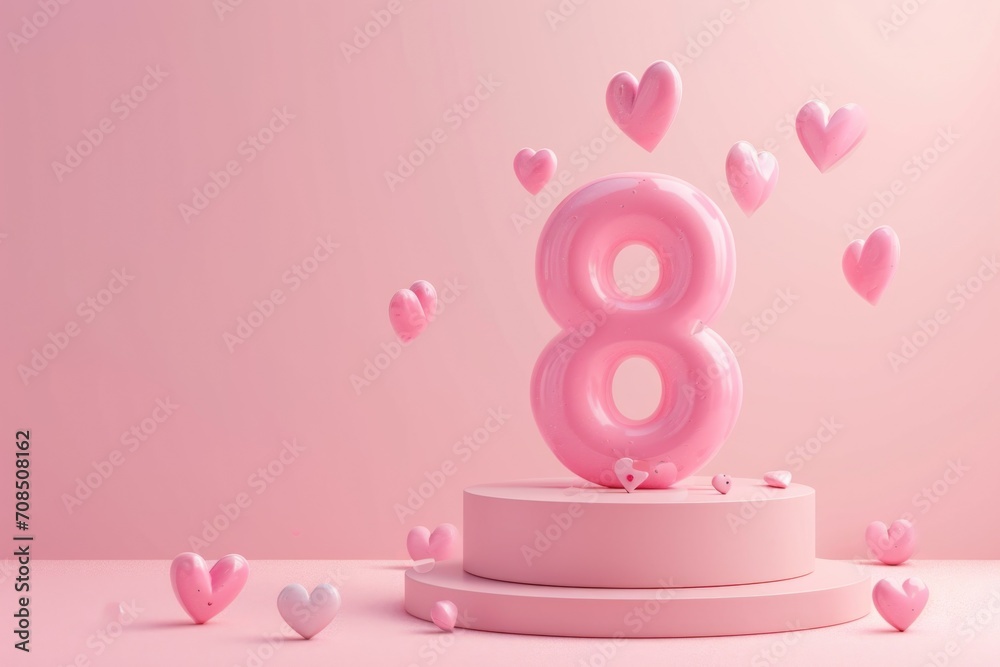 Number 8 on the podium, balls, in pink. Decoration for March 8 Number 8 on the podium, balls, in pink. Decoration for March 8