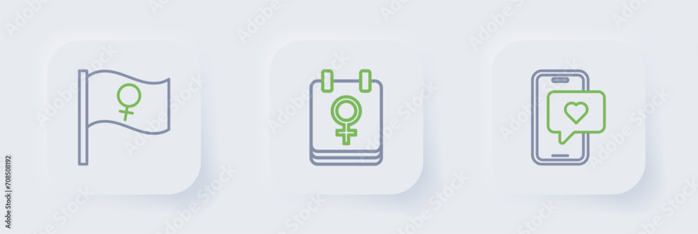 Set line Mobile with heart, Calendar 8 March and Feminist activist icon. Vector Set line Mobile with heart, Calendar 8 March and Feminist activist icon. Vector