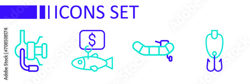Set line Fishing lure, Inflatable boat with motor, Price tag for fish and Spinning reel fishing icon. Vector