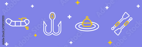 Set line Oars or paddles boat, Fishing float in water, hook and Inflatable with motor icon. Vector
