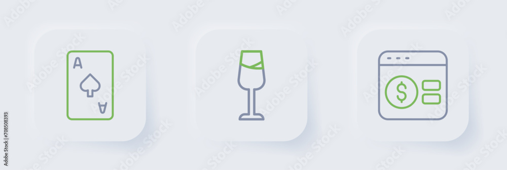 Set line Online poker table game, Wine glass and Playing card with spades symbol icon. Vector Set line Online poker table game, Wine glass and Playing card with spades symbol icon. Vector