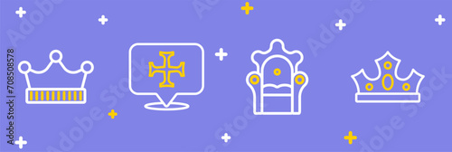 Set line King crown, Medieval throne, Crusade and icon. Vector