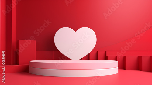 Abstract 3D red room with white cylinder pedestal or stand podium in hearth shape window. Valentine's day minimal scene for product display presentation.