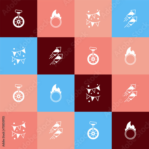 Set pop art Unicycle, Circus fire hoop, Carnival garland with flags and Firework rocket icon. Vector