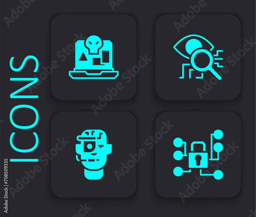 Set Cyber security, Internet piracy, Eye scan and Smart glasses on spectacles icon. Black square button. Vector