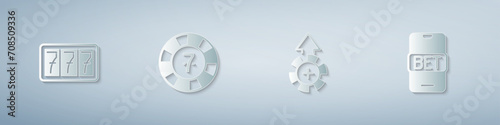 Set Slot machine with jackpot, Casino chips, and Online sports betting. Paper art style. Vector