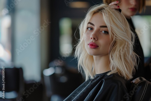 A beautiful blonde model woman in the hairdresser. Ai generative