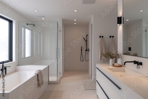 A sleek and modern bathroom with a minimalist white. Ai generative