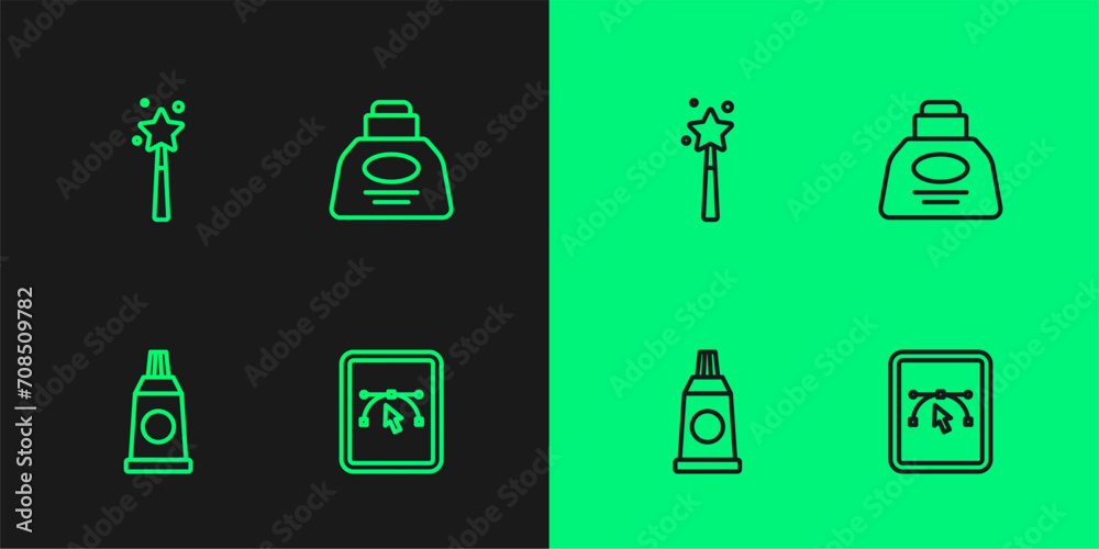 Set line Computer with design program, Tube paint palette, Magic wand and Inkwell icon. Vector Set line Computer with design program, Tube paint palette, Magic wand and Inkwell icon. Vector
