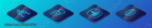 Set Isometric line 8 March, Glass of champagne, Smiling lips and Heart speech bubble icon. Vector