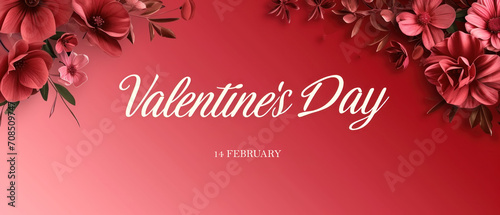 Valentine`s Day card with beautiful white elegant text on red background. Greeting on St Valentine with frame of flowers and lettering, luxury design. Concept of holiday, love