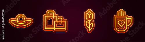 Set line Elegant women hat, Paper shopping bag, Flower tulip and Coffee cup and heart. Glowing neon icon. Vector