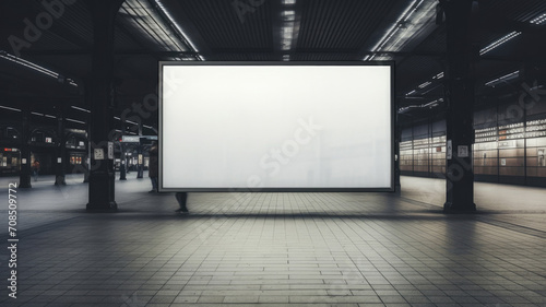 Blank white billboard at railway station, screen poster mockup in metro hallway. Hanging banner for advertising in subway. Concept of frame, background, mock up, design photo